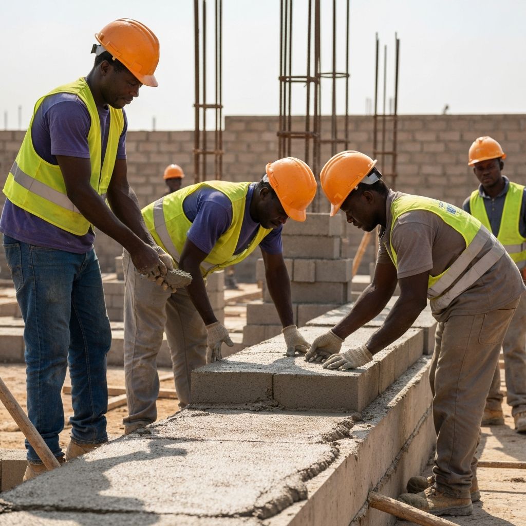 Construction workers laying blocks